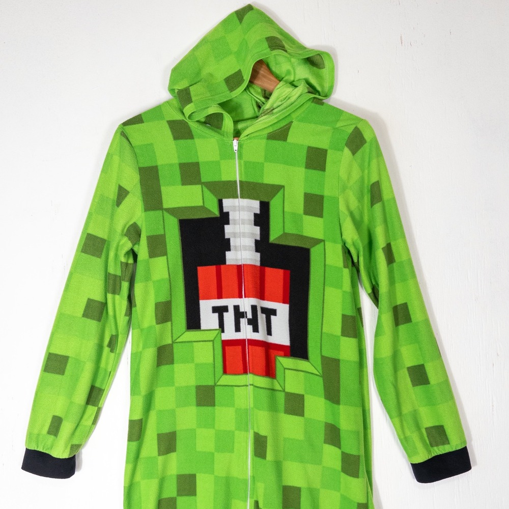 Minecraft Creeper Kids 14 Green Hooded Fleece Costume Fleece Pajama Sleeper